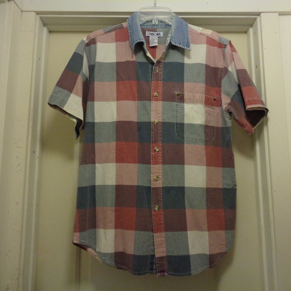 RETRO CHEROKEE COTTON PLAID SHORT SLEEVE MENS SHIRT M